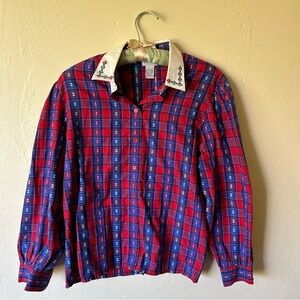 Vintage 70s red plaid Koret button up embroidered top🍒